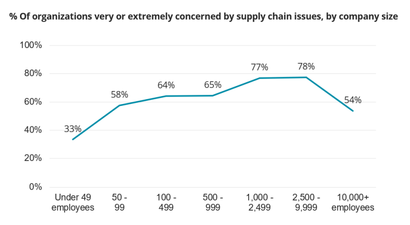 % Of organizations very or extremely concerned by supply chain issues, by company size