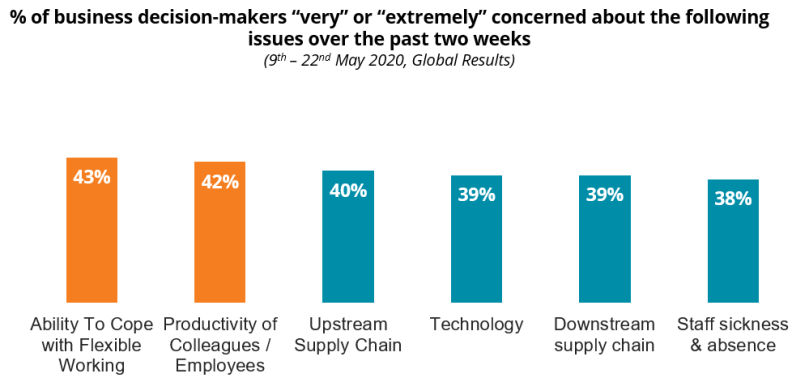 COVID-19: % of business decision-makers “very” or “extremely” concerned about the following issues over the past two weeks
